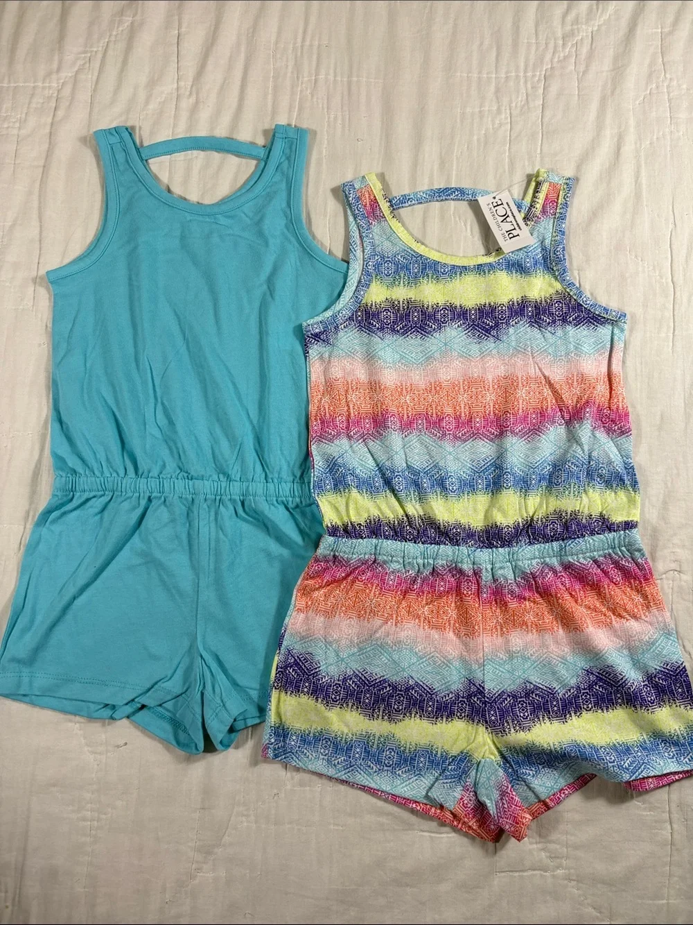The Childrens Place Girls Romper 2‎ Pack Blue Multi Color Geometric Size 5/6 S